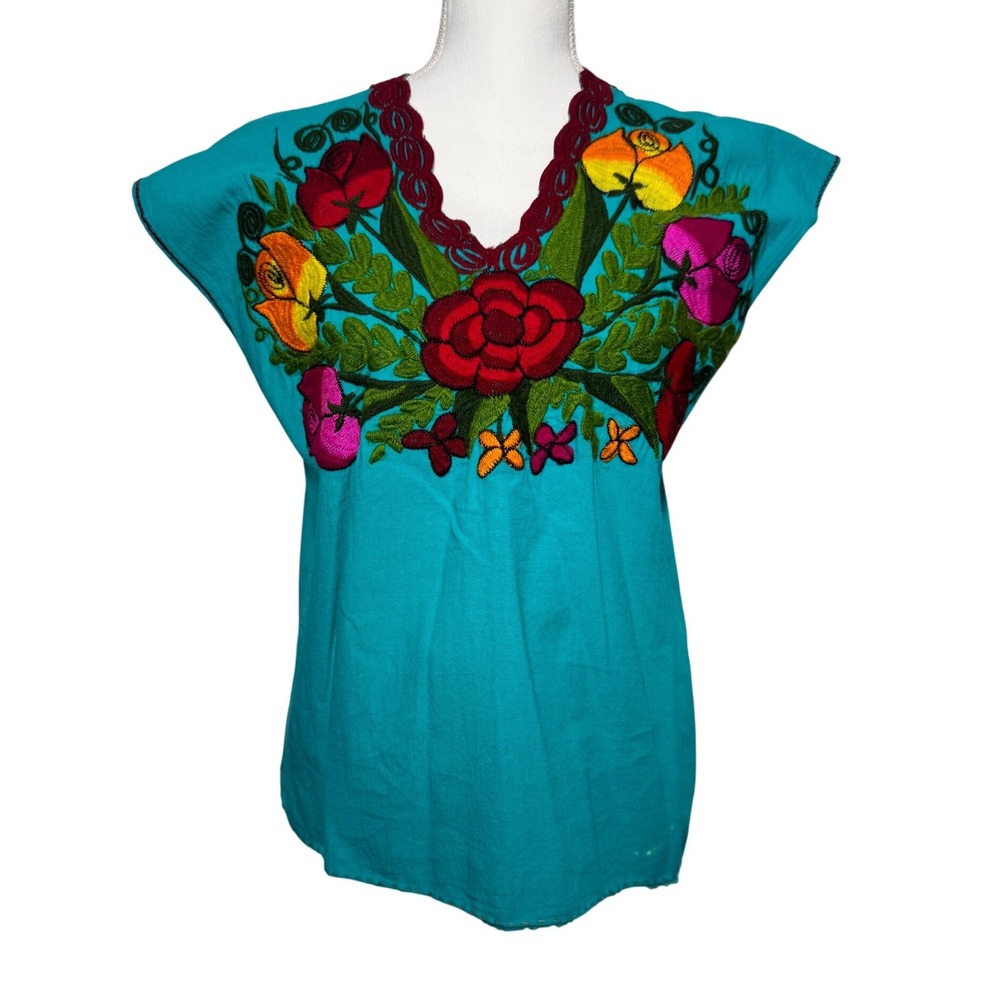 Vintage handmade Mexican Blouse OS Turquoise Floral Embroidered  Boho Top